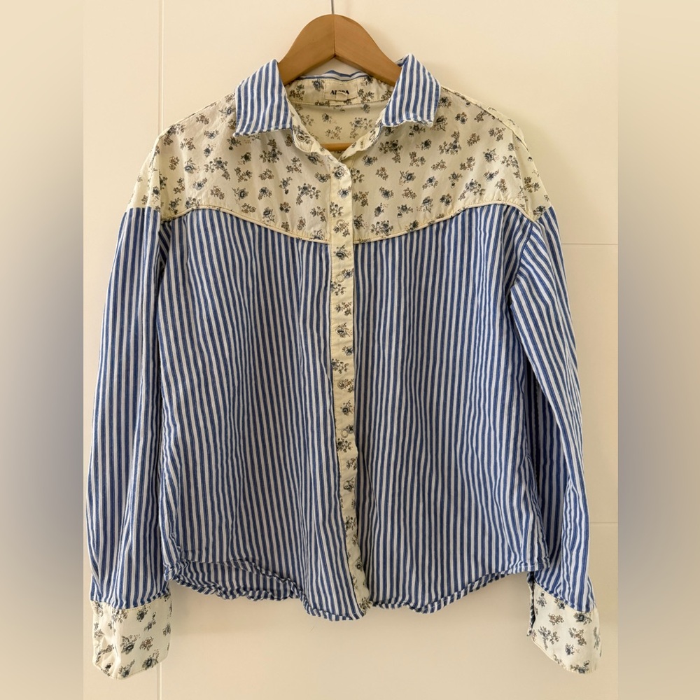 ADORA Blue & Cream Striped and Floral Button-Down Shirt - Picture 4 of 13